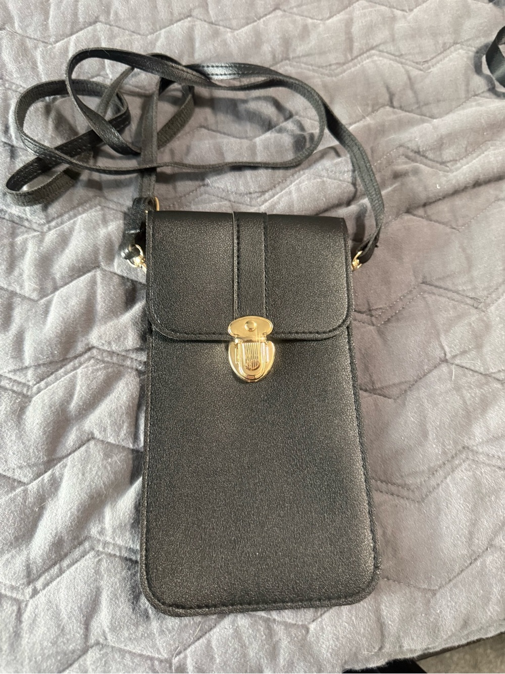 Black Crossbody Phone Pouch with Gold Hardware
